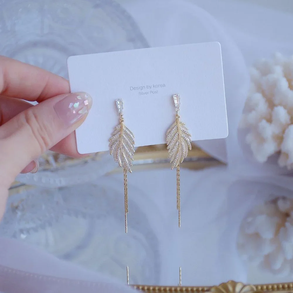 #NEW 14K Gold Plated Diamond Leaf Tassel Earrings